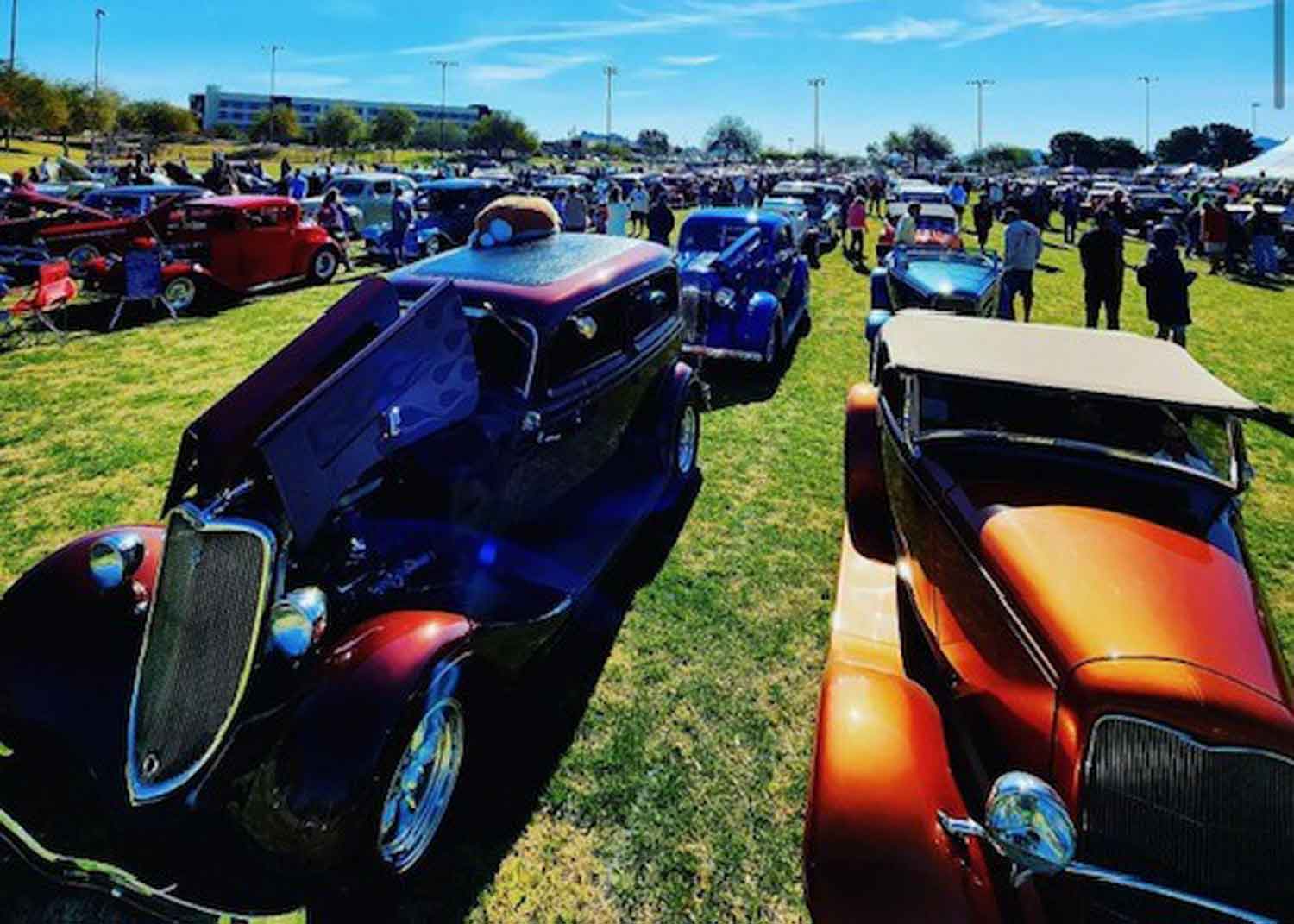 Classic car show display on the green lawn