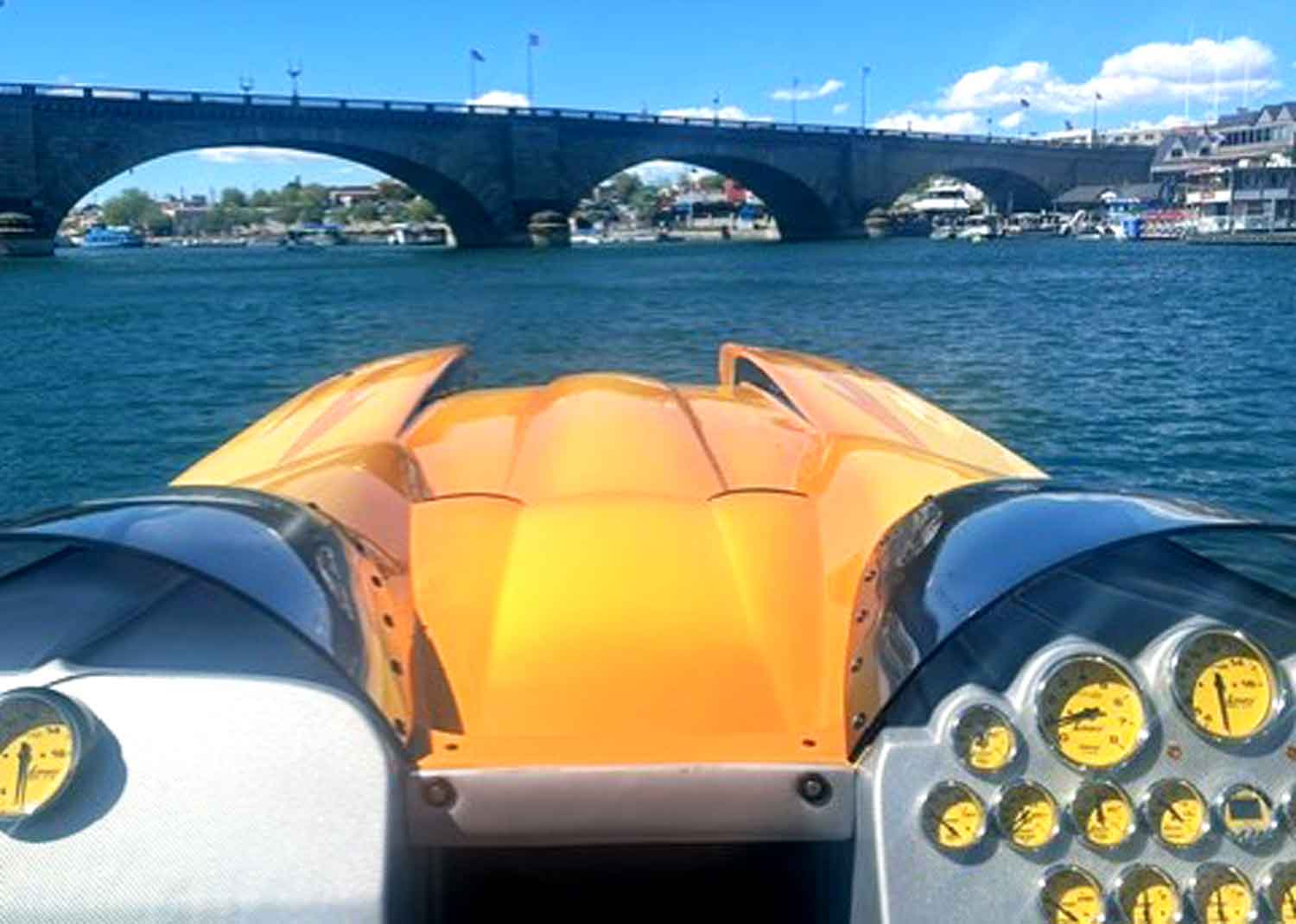 Bright orange boat in the water on Lake Havasu