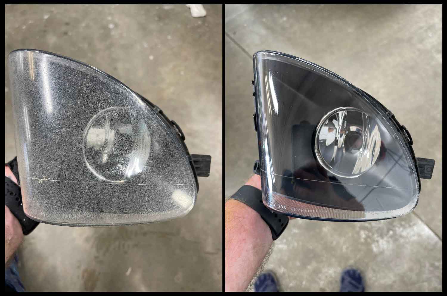 Collage of a detached headlight before and after RestorFX has been performed